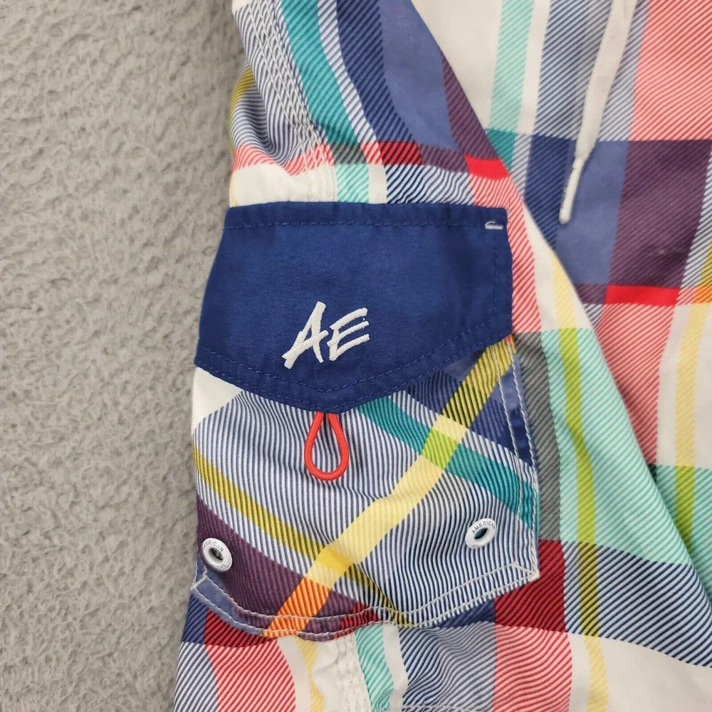 American Eagle Shorts Mens Medium White Plaid Patch Pockets Board‎ Shorts Swim